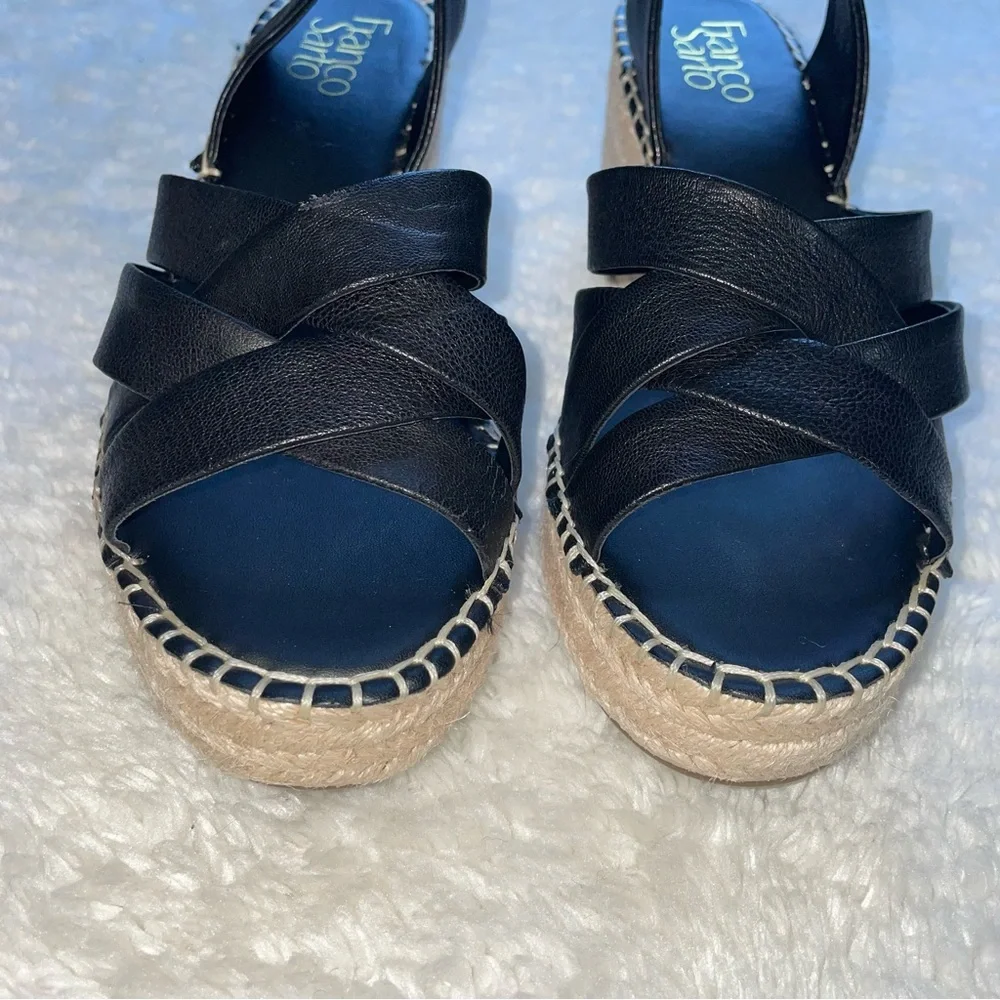 Franco Sarto Carmina espedrille black leather wedge platform ankle strap sandals - Picture 5 of 7